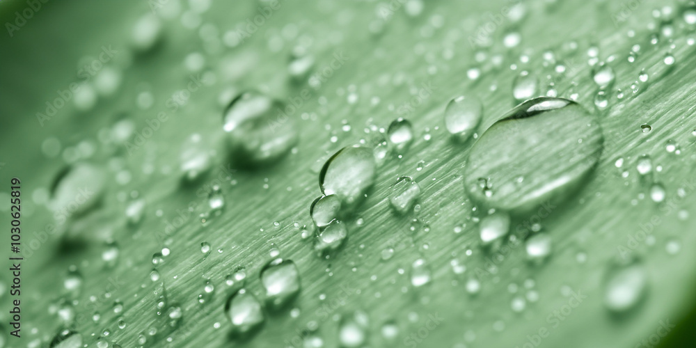 Close-up of water droplets on green leaf surface - nature's fresh beauty highlighted in macro Close-up of water droplets on green leaf surface - nature's fresh beauty highlighted in macro
