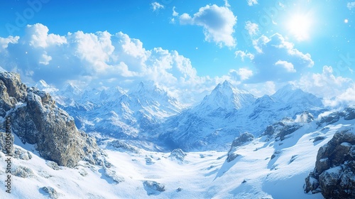 Wallpaper Mural Expansive view of a snowy mountain landscape under a bright blue sky with fluffy clouds during the daytime in winter Torontodigital.ca