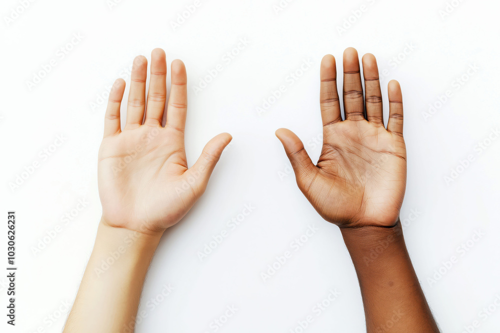 Diverse hands raised in unity against white background Diverse hands raised in unity against white background
