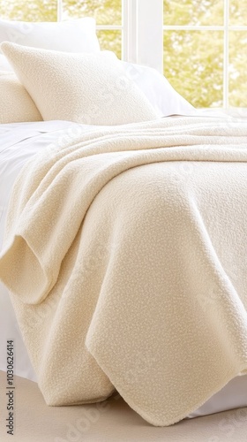 A soft white plush blanket covers the bed, inviting relaxation and adding warmth to the bedroom's tranquil atmosphere, perfect for restful nights or lazy afternoons