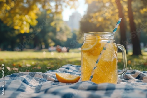 Refreshing Lemonade Pitcher on a Sunny Picnic Blanket in a Summer Park, Escape the Heat with Delicious Drinks photo