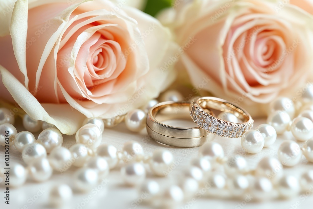 Elegant wedding rings placed among delicate pink roses and pearls create romantic atmosphere. This beautiful arrangement symbolizes love and commitment, perfect for wedding or anniversary Elegant wedding rings placed among delicate pink roses and pearls create romantic atmosphere. This beautiful arrangement symbolizes love and commitment, perfect for wedding or anniversary