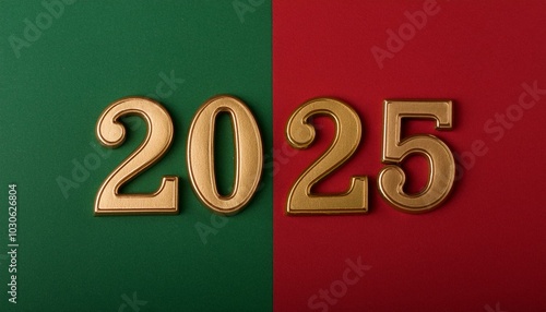 Holiday banner greeting for the New Year, 2025 gold numbers with red and green background