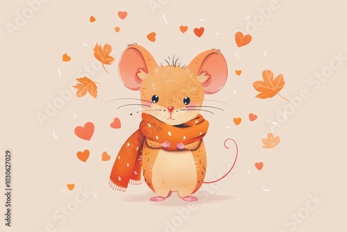 Cute autumn mouse in scarf surrounded by falling leaves
