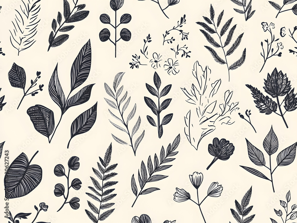 Seamless pattern of hand-drawn leaves and flowers in black and white Seamless pattern of hand-drawn leaves and flowers in black and white
