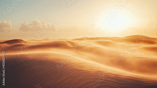 Golden desert landscape at sunset with clouds and sun shining in the background.