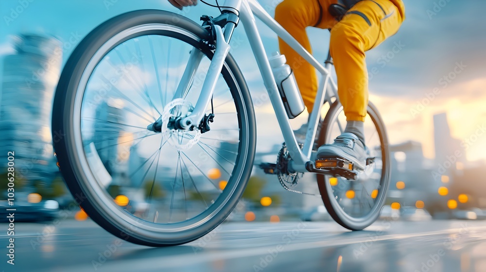 Fototapeta premium Eco Friendly Bicyclists Riding in a Clean Modern Urban Setting Promoting Sustainable Transportation Solutions and Reducing Carbon Footprints through Active Alternative Mobility