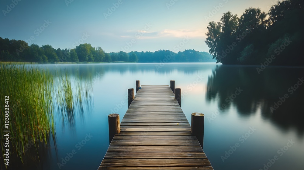 Naklejka premium 94. A serene lakeside with an empty fishing dock