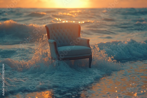 Serene Beach Retreat Relaxing Chair on the Shore with Soft Waves and Warm Sunlight, Tranquil Escape by the Ocean