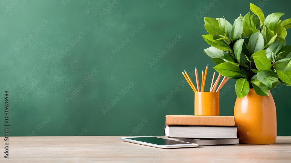 Neatly Arranged Desk with a Variety of School and Office Supplies Including Pens Pencils Ruler Notebook Folders and Clips Showcasing a Tidy and Productive Workspace Neatly Arranged Desk with a Variety of School and Office Supplies Including Pens Pencils Ruler Notebook Folders and Clips Showcasing a Tidy and Productive Workspace