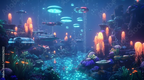 A surreal underwater city with retro-inspired submarines and glowing bioluminescent plants, surrounded by strange alien sea creatures photo