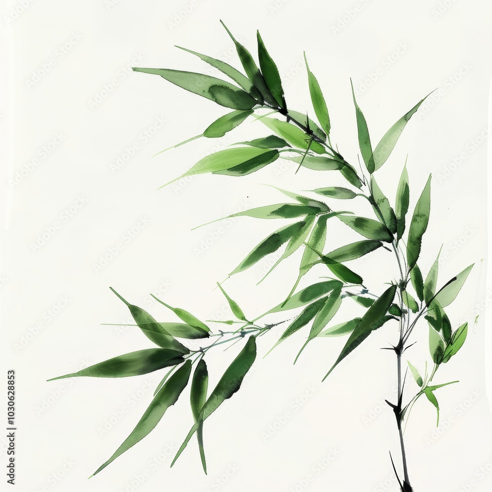 Ink Wash Drawing of a Bamboo Leaf on Green Background, Hand Drawn Art Generative AI Ink Wash Drawing of a Bamboo Leaf on Green Background, Hand Drawn Art Generative AI