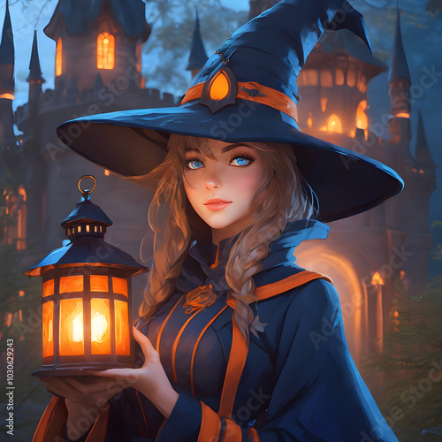 Young girl in blue witch costume, close-up of face with pointed hat and bright blue eyes, holding orange lantern with flickering light. photo