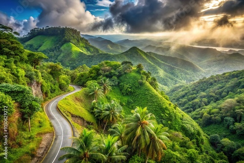 Tropical verdant mountainside landscape in Puerto Rico featuring lush greenery, misty atmosphere, and rugged terrain, with a winding road leading to a scenic lookout point. photo