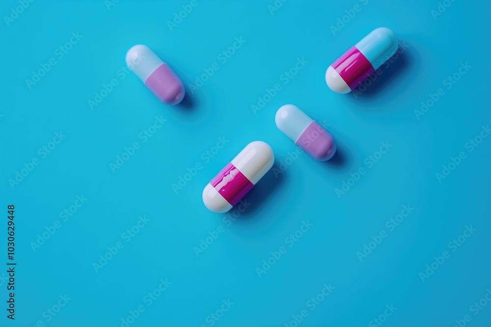 Top view colorful antibiotic capsule pills on blue background. Online pharmacy banner. World Health Day. Pharmaceutical industry Top view colorful antibiotic capsule pills on blue background. Online pharmacy banner. World Health Day. Pharmaceutical industry
