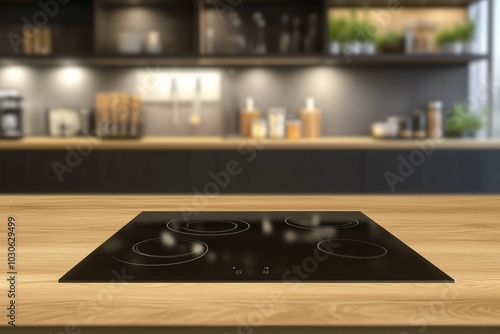 Wooden table surface with modern stove top on blurred background of modern kitchen interior with shelves with tableware