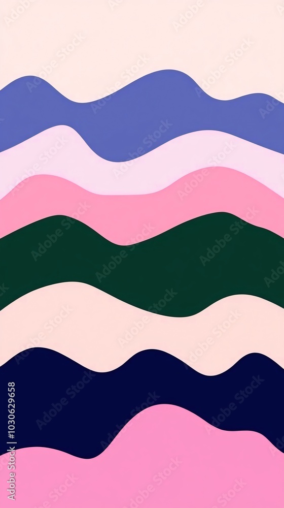 Abstract wavy pattern of pink, blue, green, and dark blue against a light pink background. Abstract wavy pattern of pink, blue, green, and dark blue against a light pink background.