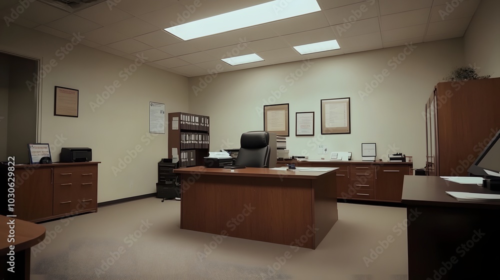 96. An empty office space with a large desk and motivational posters 96. An empty office space with a large desk and motivational posters