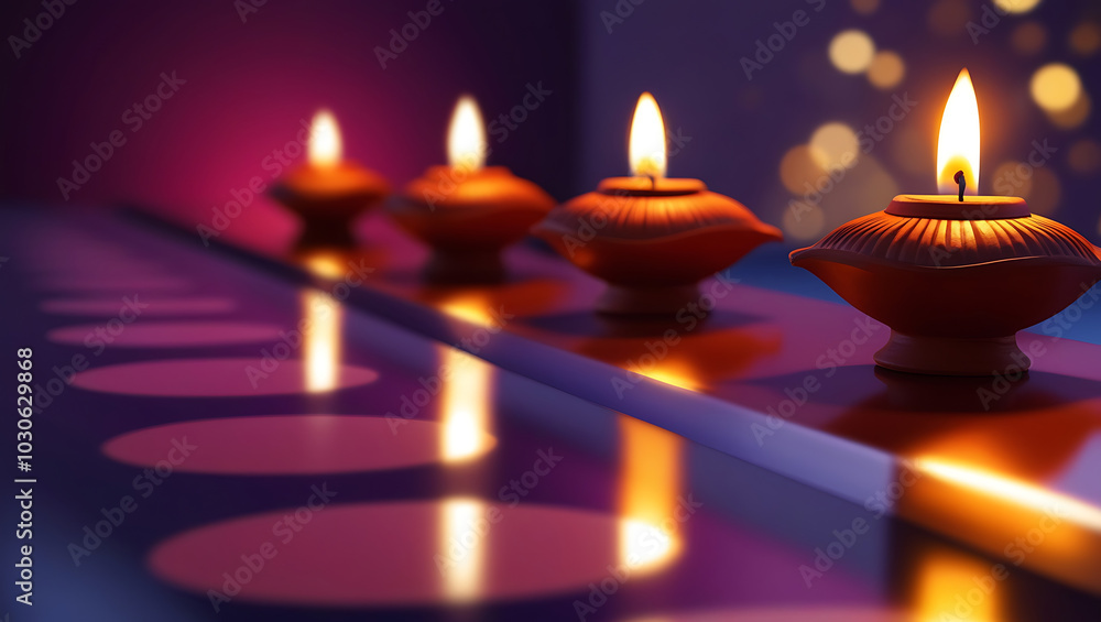 three traditional clay oil lamps, or diyas, festival celebration, Indian culture, Diwali decor three traditional clay oil lamps, or diyas, festival celebration, Indian culture, Diwali decor