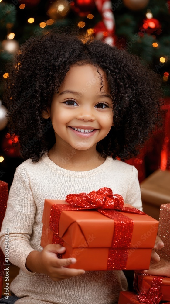 A little girl with curly hair smiles while exploring wrapped gifts under a Christmas tree adorned with lights. The warm atmosphere captures the joy of the holiday spirit A little girl with curly hair smiles while exploring wrapped gifts under a Christmas tree adorned with lights. The warm atmosphere captures the joy of the holiday spirit