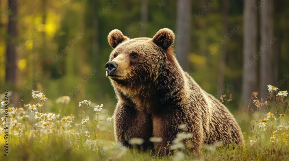 Fototapeta premium Wild Brown Bear in the summer forest. Animal in natural habitat.