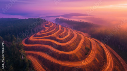 Aerial view of winding dirt roads in a cut forest at sunset. Deforestation problem concept. 