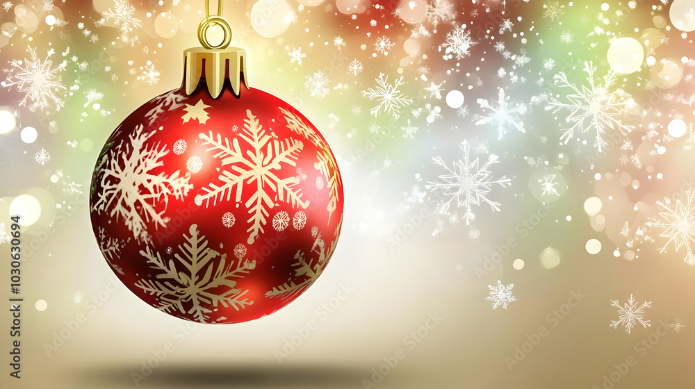 A festive red Christmas ornament with snowflake patterns against a colorful, bokeh background. A festive red Christmas ornament with snowflake patterns against a colorful, bokeh background.