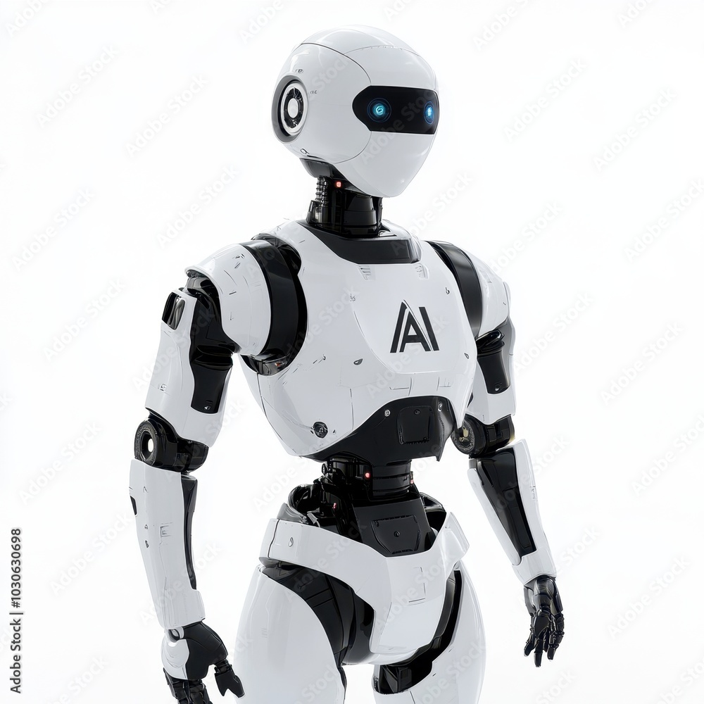 Close-up of Futuristic Humanoid Robot with AI Branding Close-up of Futuristic Humanoid Robot with AI Branding