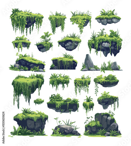 Green lichen moss cartoon vector set. Boulder rocks stones swamp creeping plants tropical leaves wet forest botany jungle marsh flora, isolated illustrations on white background