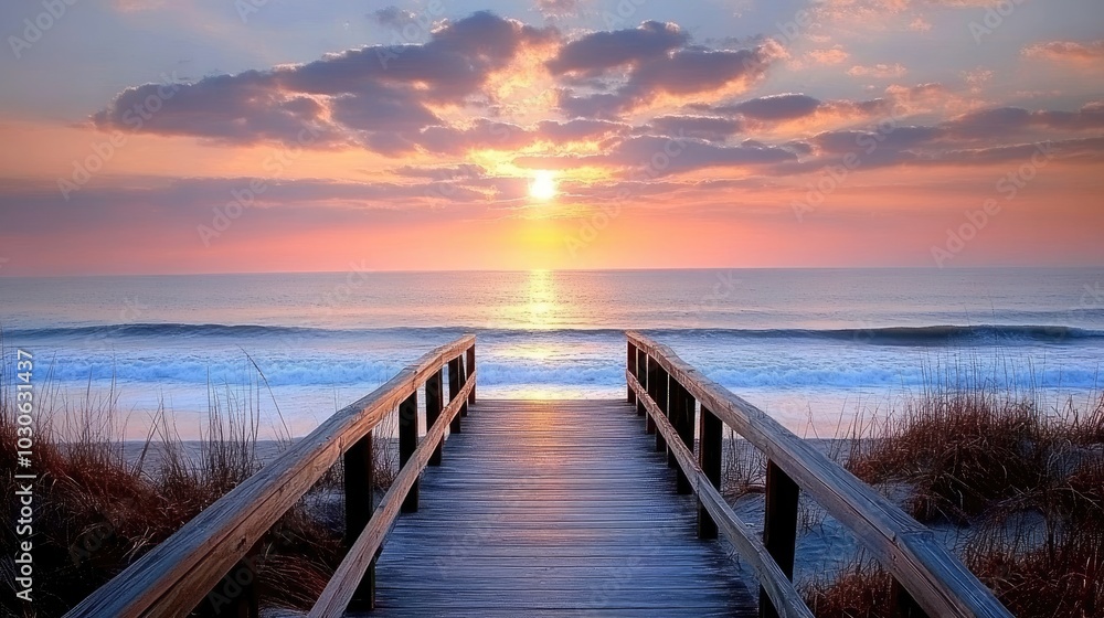 A tranquil wooden walkway approaches the beach as the sun sets, casting warm hues over the ocean and highlighting the grassy dunes A tranquil wooden walkway approaches the beach as the sun sets, casting warm hues over the ocean and highlighting the grassy dunes