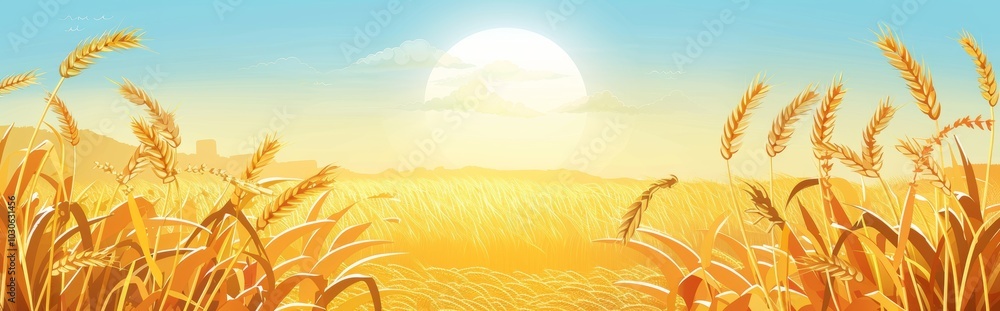 A wheat field with the sun shining in the background, simple illustration, agriculture landscape Generative AI A wheat field with the sun shining in the background, simple illustration, agriculture landscape Generative AI