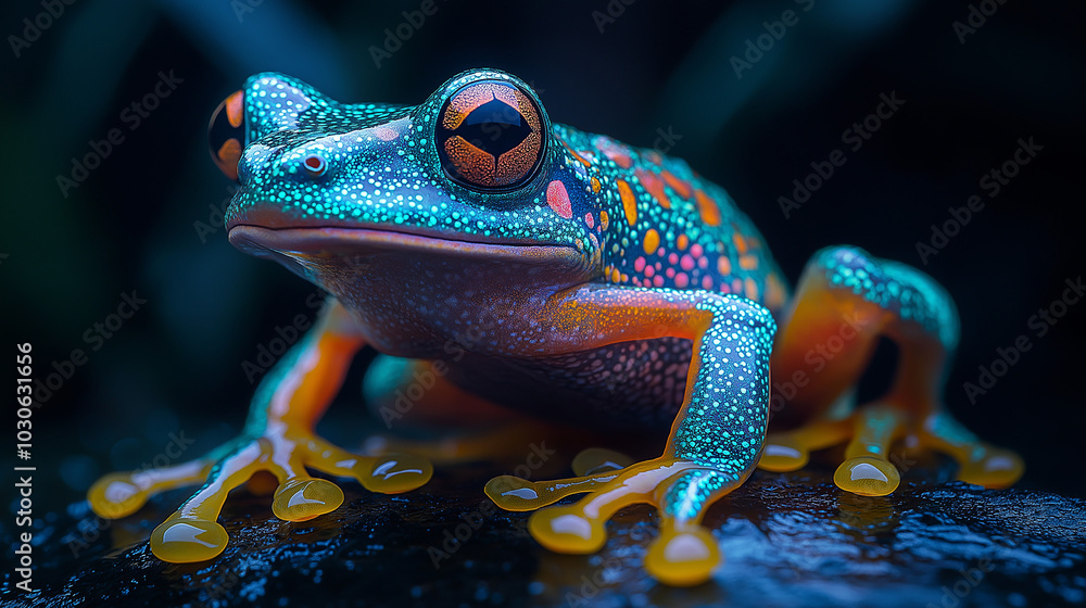 Colorful exotic frog sitting on a rock in a dark rainforest Colorful exotic frog sitting on a rock in a dark rainforest