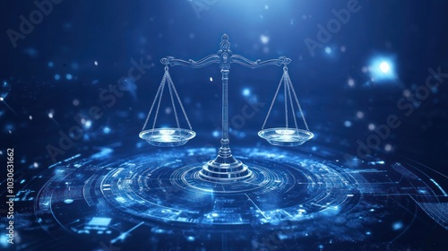 Digital scales of justice on the background of artificial intelligence technology, the balance between technological innovation and digital law with futuristic elements of legal needs photo