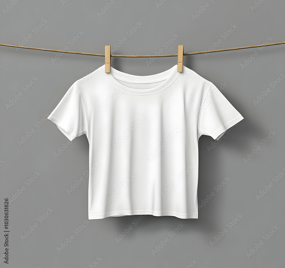 Blank white t-shirt hanging on a clothesline with wooden clothespins against a gray background. Blank white t-shirt hanging on a clothesline with wooden clothespins against a gray background.