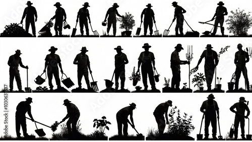 Set of 9 Black Silhouettes of Gardeners