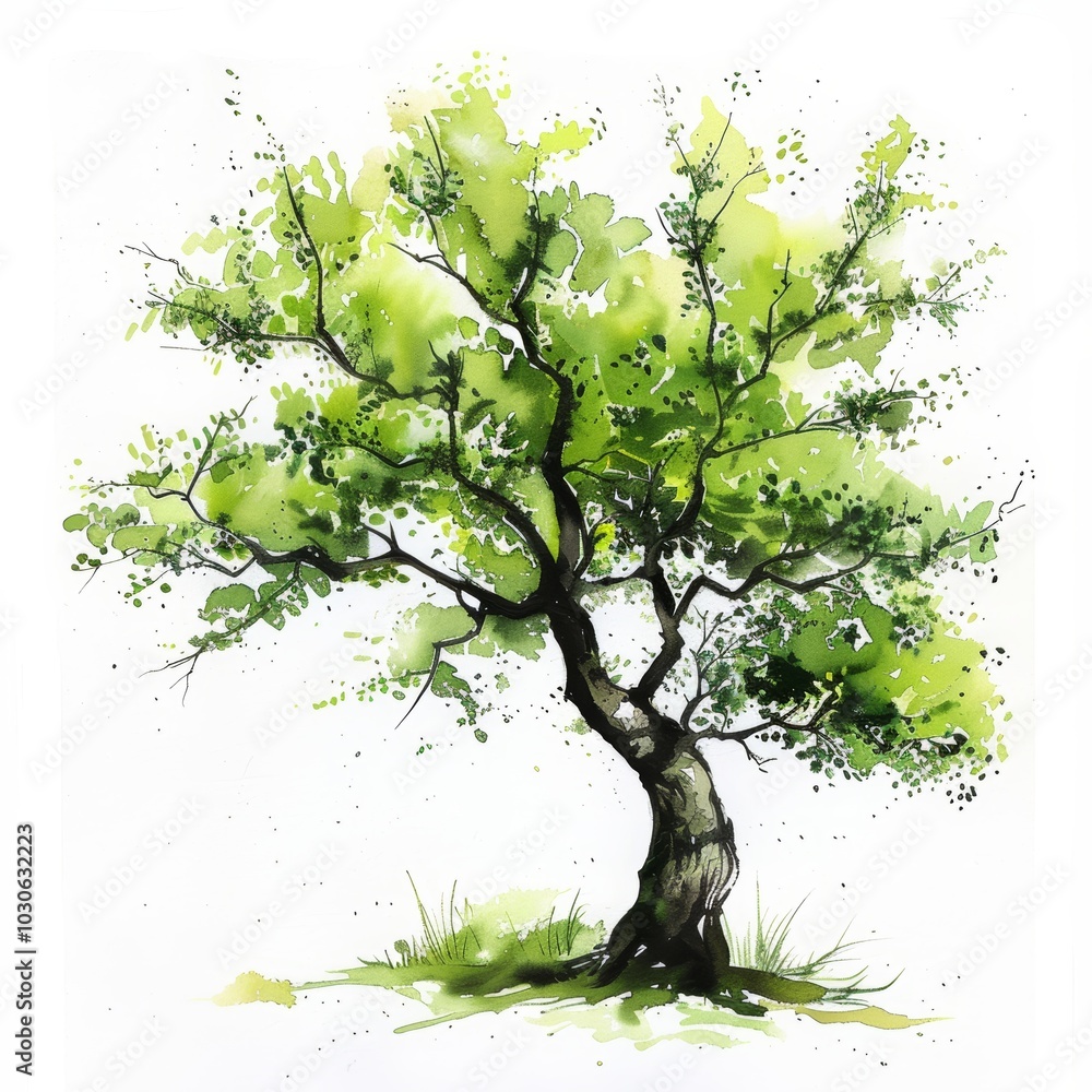 Big Tree Ink Painting on White Background, Nature Art for Decoration or Design Generative AI Big Tree Ink Painting on White Background, Nature Art for Decoration or Design Generative AI