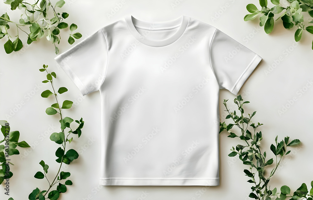Blank White T-Shirt Mockup with Green Leaves. Blank White T-Shirt Mockup with Green Leaves.