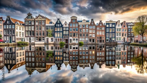 Houses along canal in Amsterdam with reflection in water under grey sky