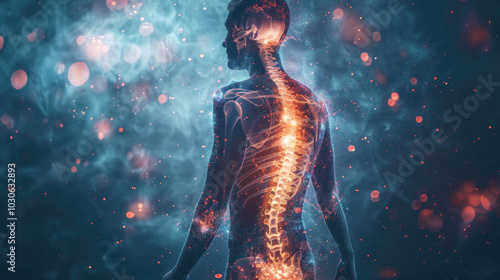 A person spine, glowing with vibrant energy, symbolizes strength, resilience, and the body interconnectedness.