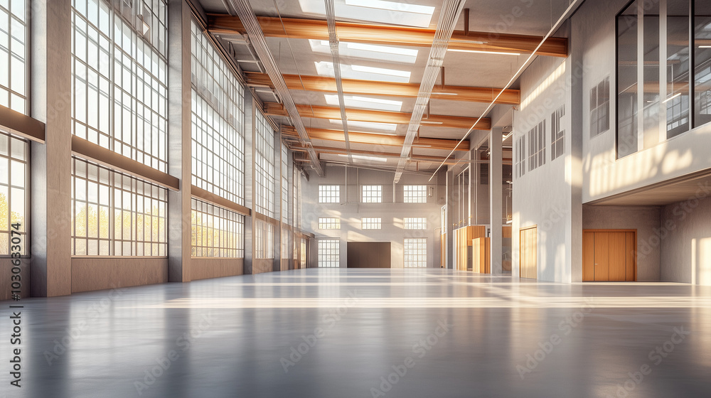 Spacious industrial interior with large windows and wooden beams. Spacious industrial interior with large windows and wooden beams.