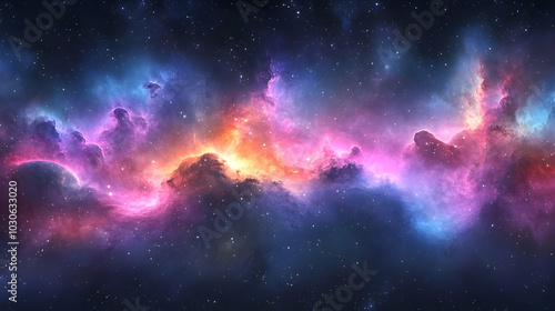 A vibrant cosmic scene with colorful nebulae and stars.