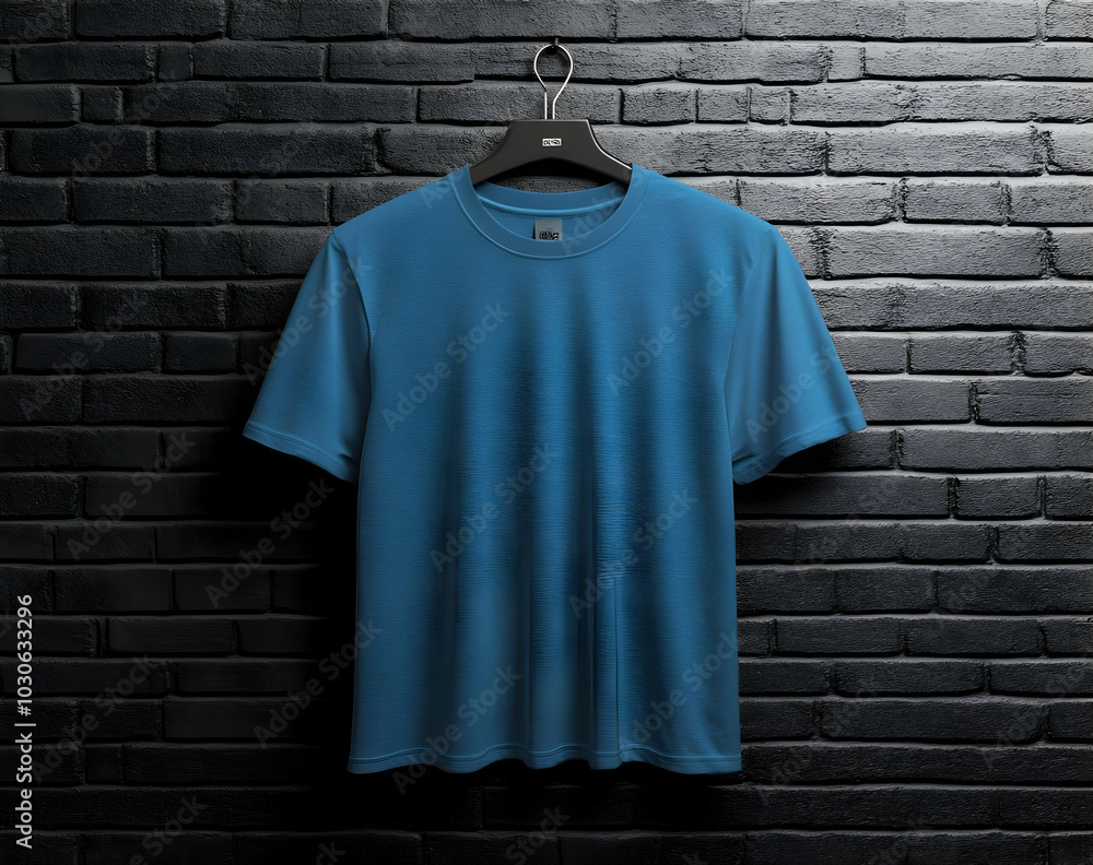 Blue T-shirt hanging on black hanger against a black brick wall. Blue T-shirt hanging on black hanger against a black brick wall.