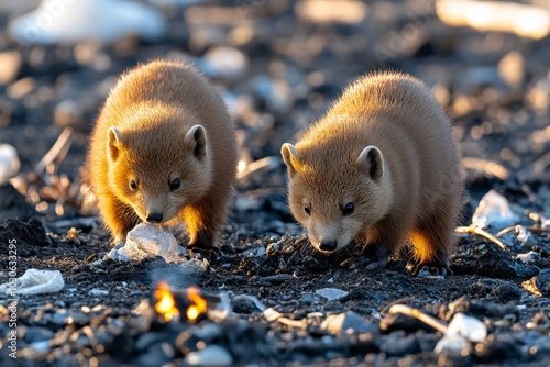 Animals rummaging through plastic debris, with small fires smoldering nearby photo