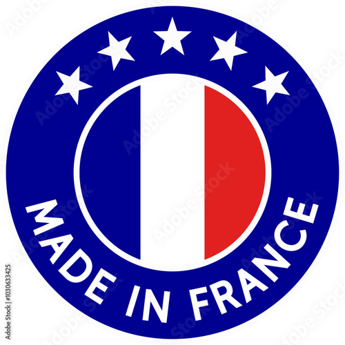 Made in France (police sans serif). Badge symbolisant la qualité et l'origine de la production française avec les couleurs du drapeau français. 