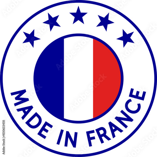 Made in France (police sans serif). Badge symbolisant la qualité et l'origine de la production française avec les couleurs du drapeau français. png : texte sur fond blanc.