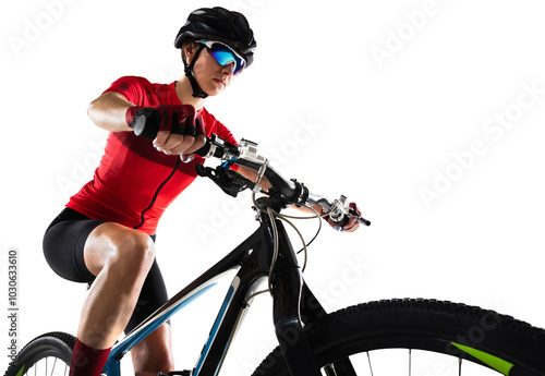 Close up professional female cyclist young woman on road bike bicycle practicing against transparent background. Concept of sport, action, motion, speed, race. Copy space for ad.