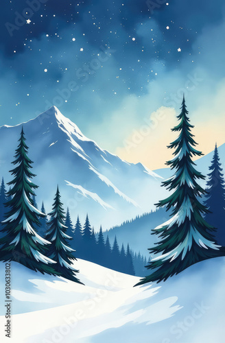 Vertical winter landscape. Fir and pine trees in a snowy forest with a mountain peak on a winter night with a starry sky. Watercolor drawing