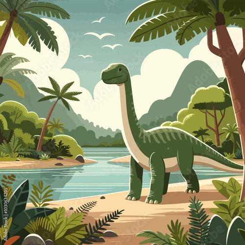 A cartoon drawing of a dinosaur standing in a jungle