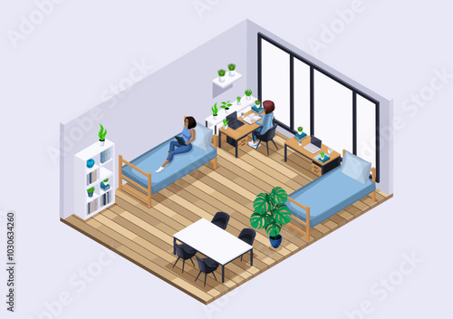 Isometric Characters, Personage. Large bright room in the student dormitory for girls. Students study in their room