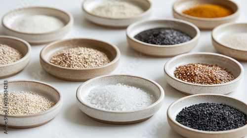 Various seasonings in small plates neatly arranged